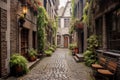 cozy european-style alleyway with cobblestone pavement