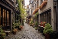 cozy european-style alleyway with cobblestone pavement