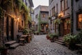 cozy european-style alleyway with cobblestone pavement