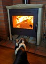 Cozy evening, fireplace, warmth, slippers, fire, bask.  a trip out of town. Royalty Free Stock Photo