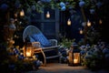 cozy evening garden with chair and lights lanterns, Generative AI