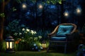 cozy evening garden with chair and lights lanterns, Generative AI