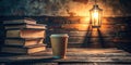 A cozy evening hot beverage beside stack of aged books under warm light. Generative AI Royalty Free Stock Photo