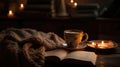 Cozy evening with latte, book, and fairy lights - generative AI