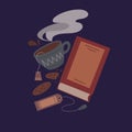 Cozy evening reading of books. Flat night illustration of a book, a cup of tea, a cookie and a bookmark on blue background. Vector Royalty Free Stock Photo