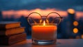 Cozy evening reading scene with a lit candle and stack of books by a window Royalty Free Stock Photo