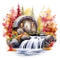 Cozy fairy-tale wooden house near a waterfall in autumn, clipart, beautiful fantasy, watercolor, white background