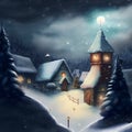 cozy fairytale winter houses at snowy night, neural network generated art