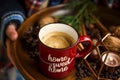 Cozy fall coffee cup with spices, selective focus