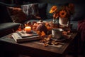 Cozy Fall Coffee Table with Natural Elements and Warm Lighting