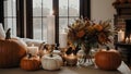 Cozy fall corner border with pumpkins, leaves and blanket. view on a white wood banner background. Ai Generate