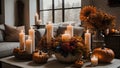 Cozy fall corner border with pumpkins, leaves and blanket. view on a white wood banner background. Ai Generate