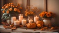 Cozy fall corner border with pumpkins, leaves and blanket. view on a white wood banner background. Ai Generate