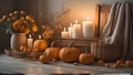 Cozy fall corner border with pumpkins, leaves and blanket. view on a white wood banner background. Ai Generate