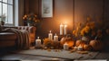 Cozy fall corner border with pumpkins, leaves and blanket. view on a white wood banner background. Ai Generate