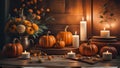 Cozy fall corner border with pumpkins, leaves and blanket. view on a white wood banner background. Ai Generate
