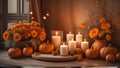 Cozy fall corner border with pumpkins, leaves and blanket. view on a white wood banner background. Ai Generate