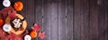 Cozy fall corner border over a dark wood banner background