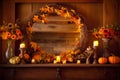 Cozy Fall Mantel with Pumpkins, Candles, and Leaves