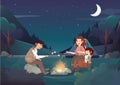 Cozy family camping in the night illustration.