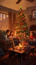 Cozy Family Christmas Celebration at Home with Gifts, Tree, and Fireplace