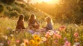 A cozy family picnic nestled in a tranquil meadow, laughter bubbling amidst the gentle breeze, AI generated