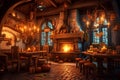 Cozy fantasy medieval tavern inn interior with food and drink on tables, burning open fireplace, candles and stone ground Royalty Free Stock Photo