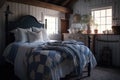 cozy farmhouse bedroom, with quilt and linen sheets on the bed