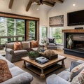 16 A cozy, farmhouse-inspired living room with a mix of patterned fabrics, a stone fireplace, and a large wooden coffee table4,