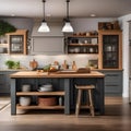A cozy farmhouse kitchen with a large butcher block island, open shelves, and vintage accents2