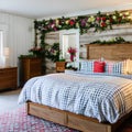 3 A cozy, farmhouse-style bedroom with a mix of floral and gingham bedding, a white wooden bed frame, and a large, vintage-inspi