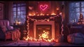 A snug fireplace emanates heart-shaped flames