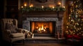 A cozy fireplace in a home decorated for Christmas