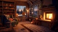 A cozy fireplace, interior, living room, creative work, wooden house, cottage, old armchair Royalty Free Stock Photo