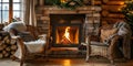 Cozy fireplace in a rustic country house radiates warmth and comfort. Concept Country House, Rustic Decor, Fireplace, Cozy