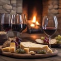 A cozy fireplace setting with two wine glasses and a cheese platter on a rustic table4 Royalty Free Stock Photo