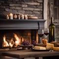 A cozy fireplace setting with two wine glasses and a cheese platter on a rustic table3 Royalty Free Stock Photo