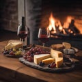 A cozy fireplace setting with two wine glasses and a cheese platter on a rustic table1 Royalty Free Stock Photo