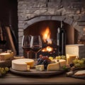 A cozy fireplace setting with two wine glasses and a cheese platter on a rustic table2 Royalty Free Stock Photo