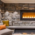 A cozy fireplace with a stone surround, built-in benches, and a cozy seating area with plush cushions2, Generative AI Royalty Free Stock Photo