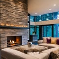 A cozy fireplace with a stone surround, built-in bookshelves, and a plush seating area with oversized cushions2, Generative AI Royalty Free Stock Photo