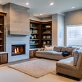 A cozy fireplace with a stone surround, built-in shelves, and a comfortable seating area with plush rugs4, Generative AI Royalty Free Stock Photo