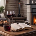 A cozy fireplace with two glasses of red wine and a book on a nearby table4