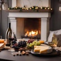 A cozy fireplace with two wine glasses and a cheese platter on a table4