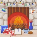 Cozy fireplace, vector illustration. Home interior with garland decoration, indoor decor fire in house. Modern flat room Royalty Free Stock Photo