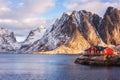 Beautiful winter daytime landscape, view of the small norwegian fishing village Hamnoy, Lofoten Islands, Norway Royalty Free Stock Photo