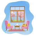 Cozy flat concept home Living room interior. Pink soft armchairs with table and sleeping pets in room with large window.Outside