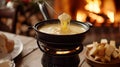 Cozy fondue pot over a flame, cheese stretching from dipper, inviting warmth with a fireplace in the background