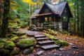 cozy forest cabin featuring natural stone area