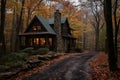 Cozy forest cabin with fireplace, rustic wooden exterior, and winding path among tall trees